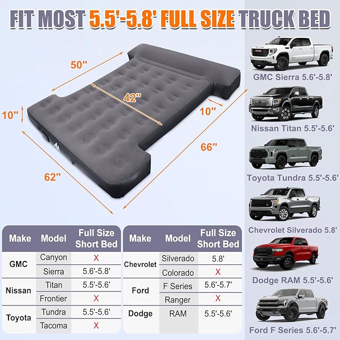 AYAMAYA Truck Bed Air Mattress with Built-In Cordless Rechargeable Pump, Inflatable Mattress with Pillow for 5.5-5.8ft Full Size Short Truck Beds, Portable Pickup Airbed for Outdoor Camping, Road Trip