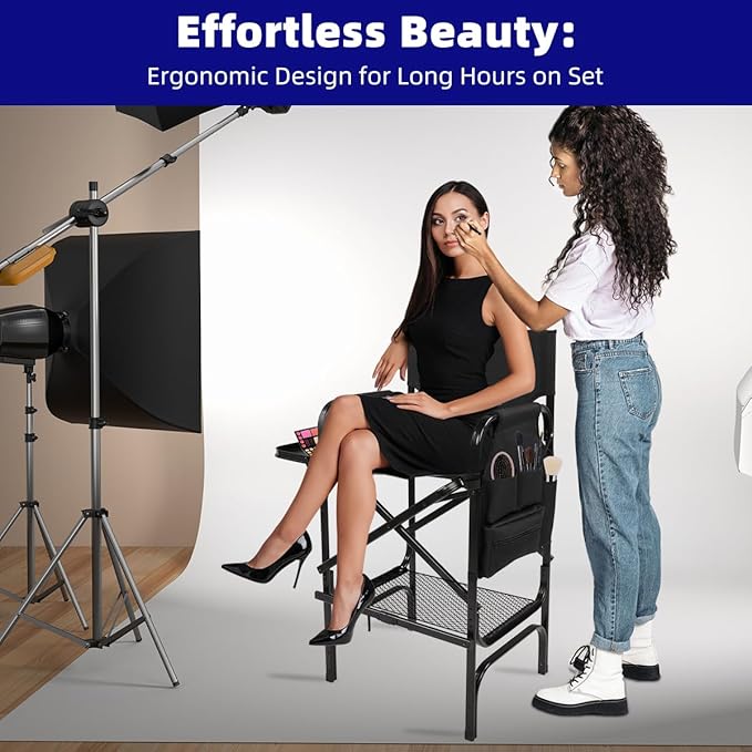 Folding Makeup Chair with Folding Tabletop Storage Bags for Makeup Artists to Keep Makeup Cases and Brushes, Tall Directors Chair, Oversized Portable Camping Chair for Outside Knee Protection