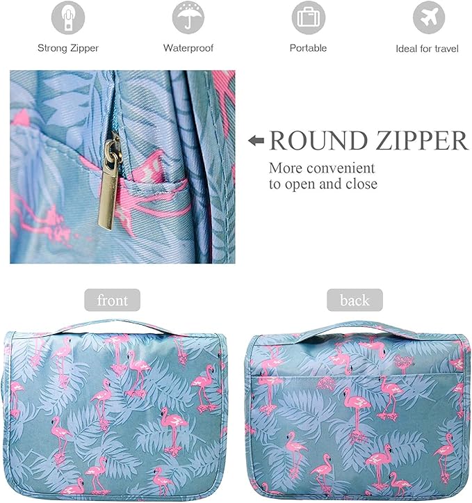 Trawila Travel Hanging Toiletry Bag Cosmetic Bag Makeup Organizers for Men & Women with Sturdy Hook (Light Blue Flamingo)
