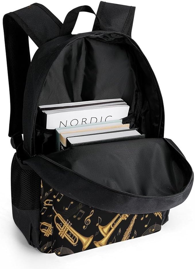 Polyester Daypack for Camping Travel Walking Cycling, Big Capacity Anti-Theft Multipurpose Bookbag, Gold Trumpet Trombone French Horn Black Camping Outdoor Backpack