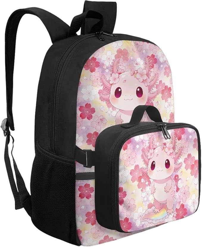 HUGS IDEA Cute Axolotl Kids Backpack with Matching Lunch Box for Girls Cute Backpack for School Girls School Bag Set for Elementary Students Kids Casual Camping Hiking Daypack