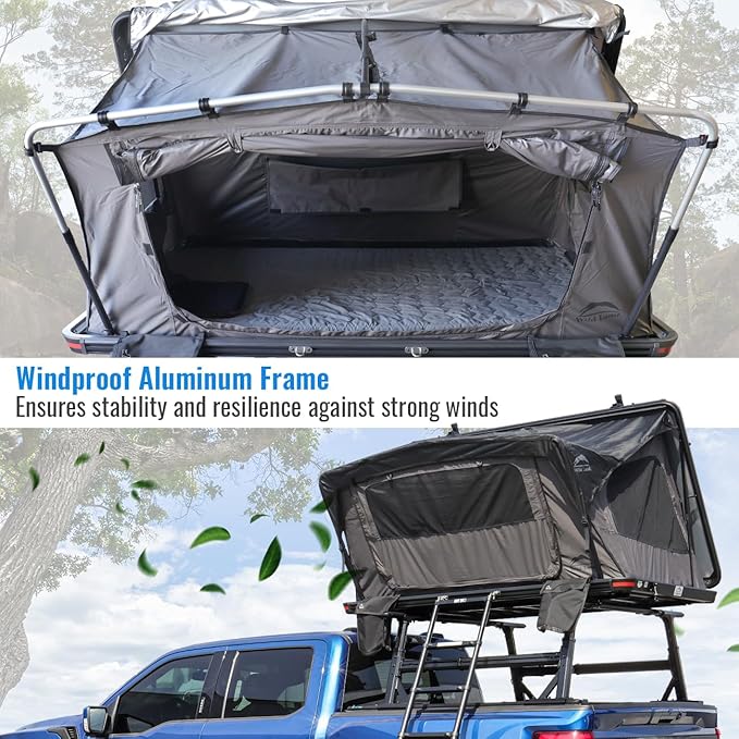 Syneticusa Aluminum Hard Shell Rooftop Truck SUV Jeep Van Tent Fits 2 Person for Overlanding Camping RTT LED Strip Light with Crossbars Cargo Carrier Easy Open