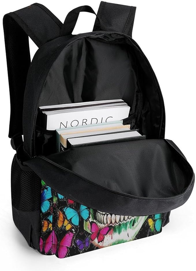 Daypack Backpack Anti-Theft Multipurpose Big Capacity Bookbag, Mexican Skulls Colorful Butterfly Business Computer Bag With Side Pockets