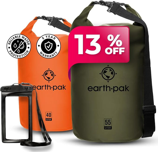 Earth Pak Waterproof Dry Bag - Roll Top Waterproof Backpack Sack (Forest Green 55L & Orange 40L)