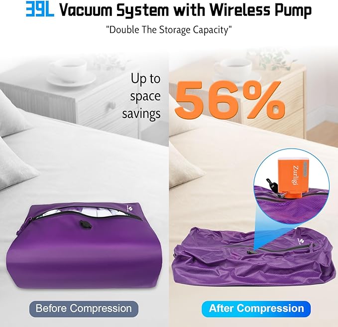 Zurligi Travel Vacuum Bags with Shoulder Strap & Mini Pump – IPX8 Waterproof Vacuum Seal Reusable 39L Carry-On Compression Bags for Clothes, Suitcase & Luggage(2-Pack, Purple)