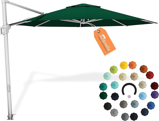 Midtown Umbrellas The Grande Round 10 FT Outdoor Cantilever Patio Umbrella w/Sunbrella Forest Green Acrylic Fabric - 8 Rib Aluminum Frame Offset w/Tilt And 360° Rotate Pedal System - Silver Frame