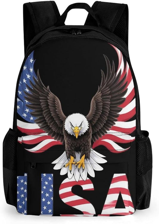 Supdreamc Polyester Daypack for Camping Travel Walking Cycling, Big Capacity Anti-Theft Multipurpose Bookbag, Patriotic American Eagle Flag Camping Outdoor Backpack