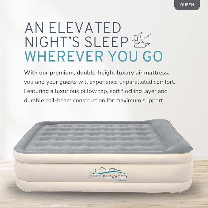 RestElevated Luxury Pillow Top Queen Size Air Mattress with Built in Pump | 20" Raised Height with Coil Beam Support | Adjustable Blow Up Air Bed | for Home, Guests and Camping [Cream with Grey Top]