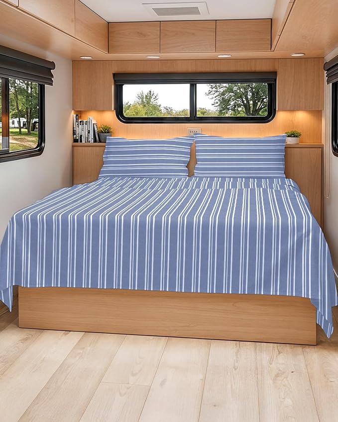 Short Queen Size 4 Piece Sheet Set - RV Short Queen, Soft, Breathable & Cooling Bed Sheets Set w/ Deep Pockets - Hotel Luxury Bedding for Women, Men, Kids, Teens, Boys & Girls, Oeko-Tex - Blue Stripes