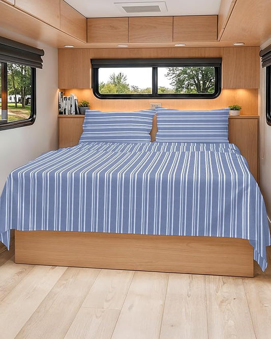 Short Queen Size 4 Piece Sheet Set - RV Short Queen, Soft, Breathable & Cooling Bed Sheets Set w/ Deep Pockets - Hotel Luxury Bedding for Women, Men, Kids, Teens, Boys & Girls, Oeko-Tex - Blue Stripes