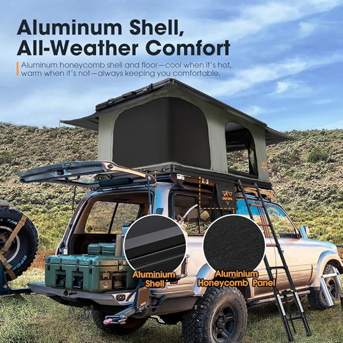 SanHima Rooftop Tent Hard Shell - Gibb Overland Aluminium Roof Top Tent 360° View, w/Tri-Color LED Strip Light & 1.97” Thick Mattress, for Car SUV Truck Camping, 2-3 People