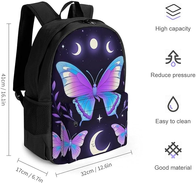 Polyester Daypack Backpack for Sports Travel Running, Big Capacity Anti-Theft Multipurpose Carry On Bag, Magic Moon Moth Mystical Goth Astrology Art Laptop Book Bag Rucksack