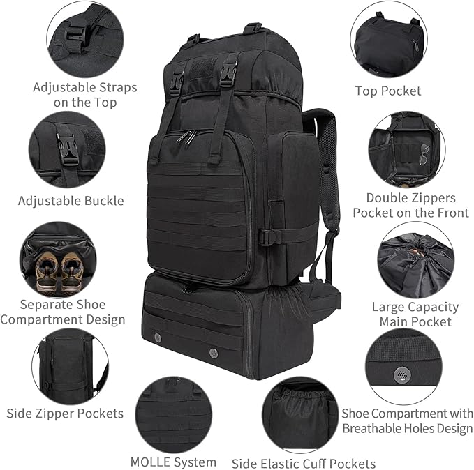 Hiking Backpack, 80L Molle Military Tactical Rucksack, Camping Backpack with Shoe Compartment, Lightweight Rucksack for Men, Water Resistant Hiking Daypack Survival Bag Hiking Bag (Black)