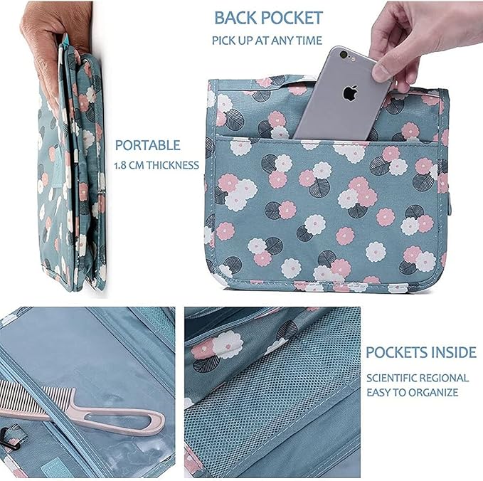 Trawila Travel Hanging Toiletry Bag Cosmetic Bag Makeup Organizers for Men & Women with Sturdy Hook (Blue flower)