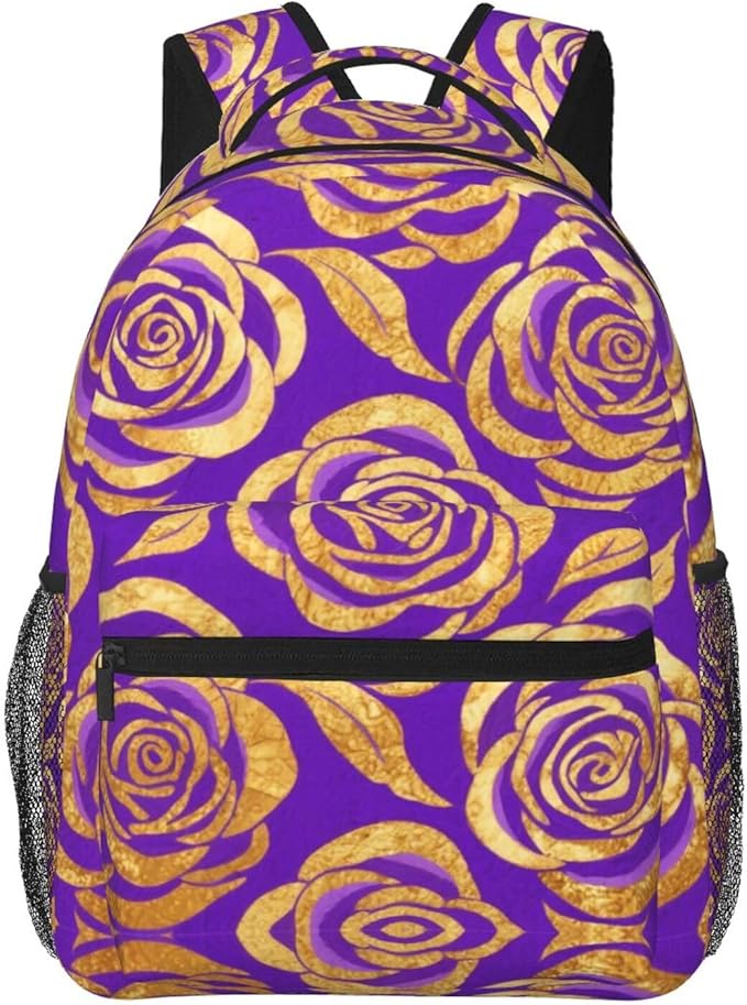 Casual Daypack Multipurpose Anti-Theft Large Capacity Carry On Bag, Purple Gold Rose Art Casual Daypack Climbing Shoulder Bag With Padded Straps