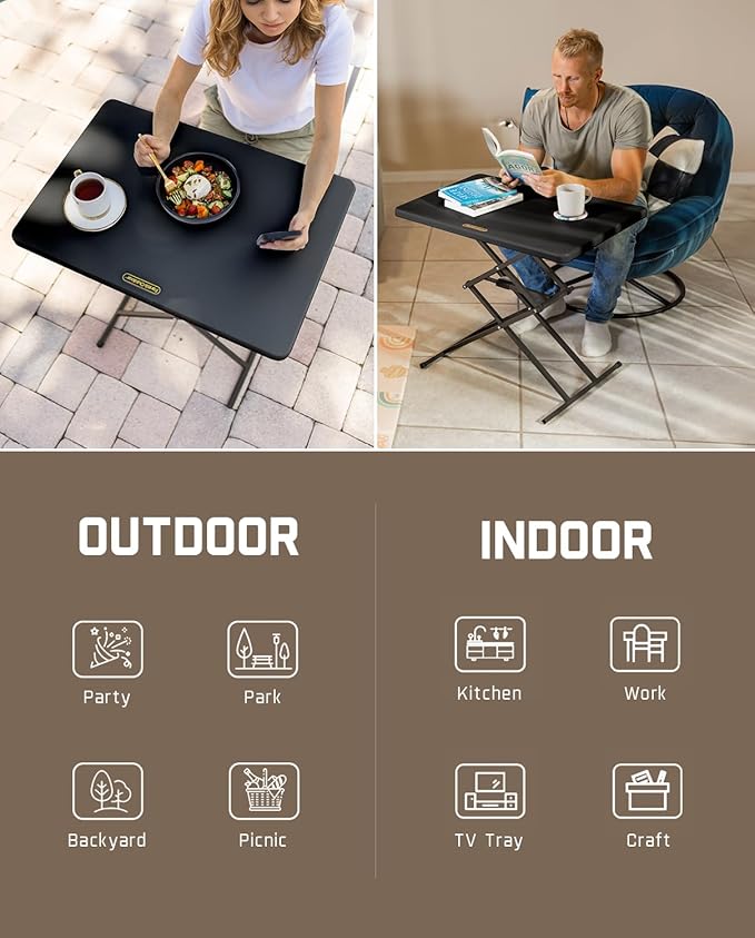 FanttikOutdoor 28 inch Quick Pop Up Table, One-Handed Height Adjustment, 3 Heights, No Assembly, Multi-Functional Personal Folding Table, TV Tray, Portable Dinner Table, 2-Pack, Black Zeta X1 Pro