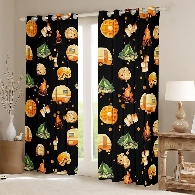 Cartoon Camper Blackout Curtains,Tent Bonfire Campfire Rustic Farmhouse Boys Girls Room Decor,Picnic RV Nature Camping Window Curtains,Black 2 Panels,38Wx45L inch