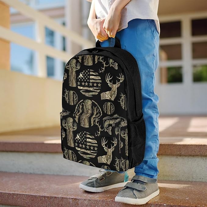 Lightweight Daypack Bookbag for Trekking Business Walking Cycling, Big Capacity Anti-Theft Multipurpose Carry On Bag, Hunting Deer Bass Camo Camouflage American Flag Black Business Computer Bag