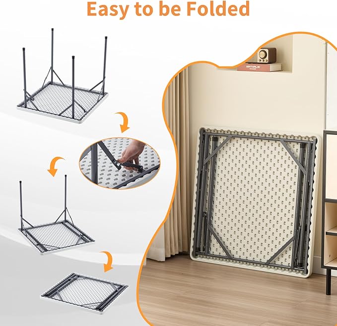 BOOSDEN 32 Inch Square Folding Table, Lightweight Folding Card Table, Indoor Outdoor Portable Utility Foldable Tables, Collapsible Legs Plastic Table for Puzzles Game Crafting Camping Picnic Party