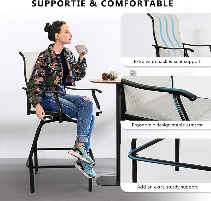 LEVELEVE Patio Bar Set 2pcs Swivel Bar Stools Outdoor Bistro Textilene Furniture Stability All-Weather Set (2, Beige Fabric)