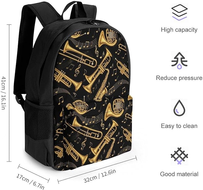 Polyester Daypack for Camping Travel Walking Cycling, Big Capacity Anti-Theft Multipurpose Bookbag, Gold Trumpet Trombone French Horn Black Camping Outdoor Backpack