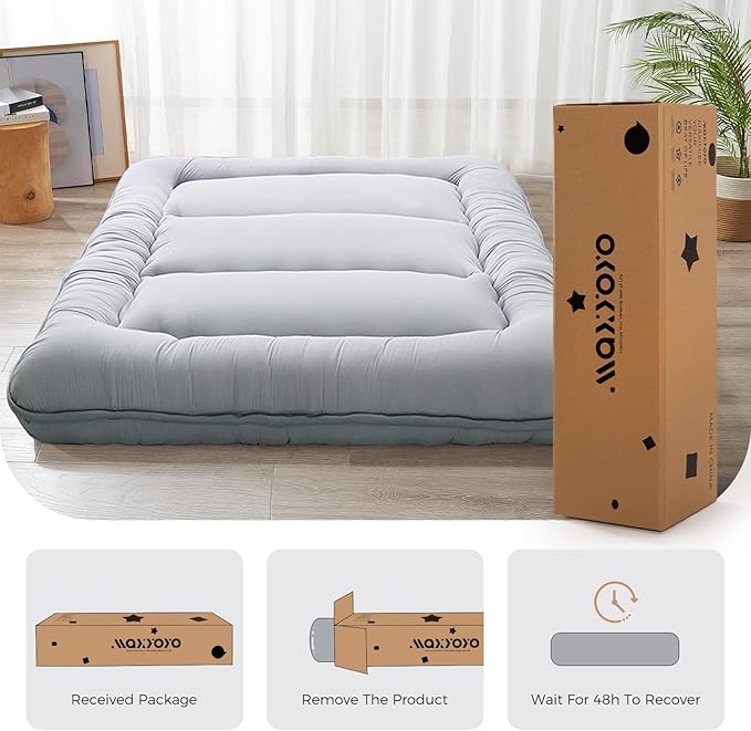 MAXYOYO 6" Extra Thick Japanese Floor Mattress Futon Mattress, Foldable Tatami Pad for Adults, Roll Up Floor Bed for Guest Room Bedroom RV, Grey, Twin