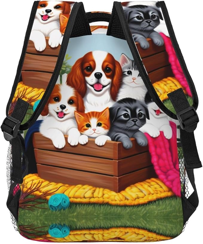 Men Women Lightweight Cute Animals Happy Dogs And Cats Art Backpack Large Capacity Bookbag With Smooth Zippers for Gym Business Running
