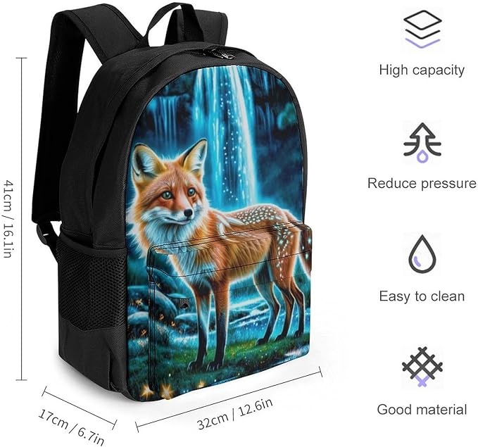 Men Women Polyester Magical Kitsune Fox Art Daypack Bookbag Big Capacity Shoulder Bag With Padded Straps for Climbing Travel Walking Cycling