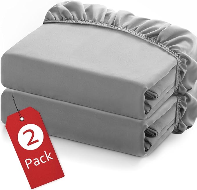Twin Fitted Sheets 2 Pack Only, Mattress Up to 14 Inches Deep Pocket, Ultra Soft and Breathable Twin Bed Sheets, Long Lasting Single Fitted Sheets, Grey