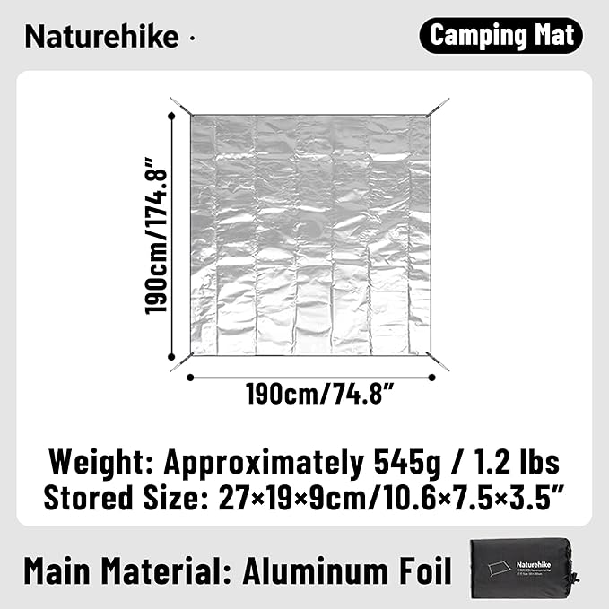Naturehike Aluminum Foil Foldable Picnic Blanket, Ultralight Ground Sheet Mat, Waterproof Camping Tarp, Sleeping Pad for Outdoor Picnic,Camping,Beaches, Storage Bag Included (74.8×74.8")