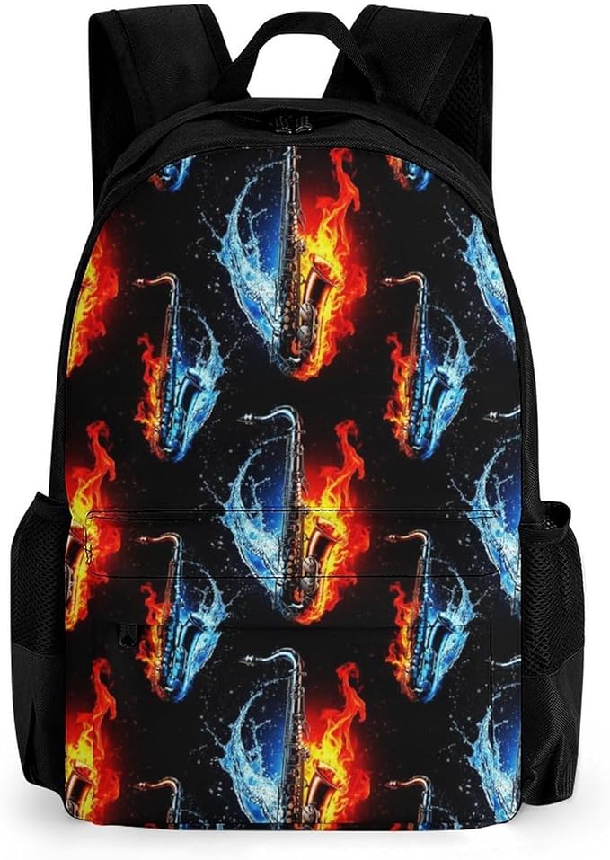 Lightweight Daypack Bookbag for Trekking Business Walking Cycling, Big Capacity Anti-Theft Multipurpose Carry On Bag, Water Fire Saxophone Business Computer Bag