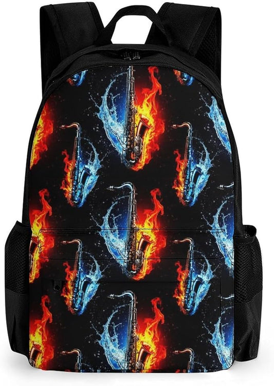 Lightweight Daypack Bookbag for Trekking Business Walking Cycling, Big Capacity Anti-Theft Multipurpose Carry On Bag, Water Fire Saxophone Business Computer Bag