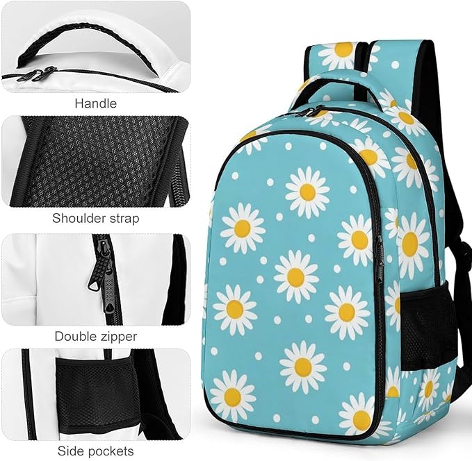 Travel Backpack Purse for Women, Light Blue Floral Daisy Flower Dots Cute Laptop Backpack with Tumbler Holder for Nurse Teacher College Work Casual Daypack