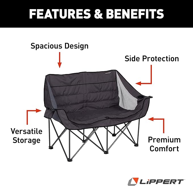Lippert Campfire Folding Loveseat with 500-lb. Weight Capacity, Carry Bag, Durable Mesh Fabrics, High-Loft Cushioning, Storage Pocket, Dual Cupholders, Stemmed Wine Glass Holder (Grey) - 2021000206