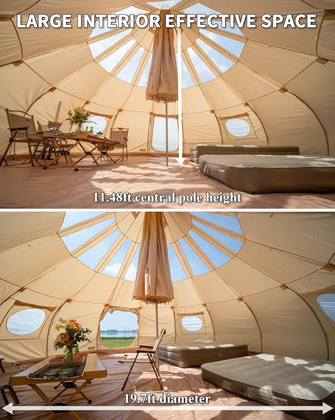 TOMOUNT Canvas Tent with Rainfly with Stove Jack Bell Tent Yurt Glamping Tent with TPU Transparent Roof for Family Camping