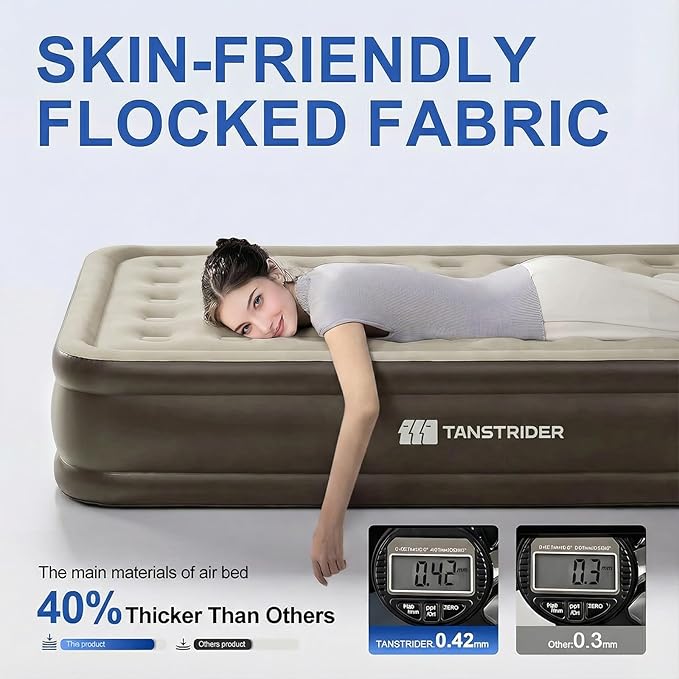 Queen Air Mattress with Built in Pump,18" Raised Blow up Air Bed,3 Mins Quick Self-Inflation/Deflation, Inflatable Mattress for Camping/Home/Guests/Travel (Brown)