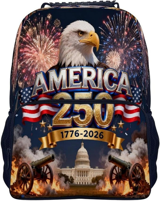 Men Women Polyester 250 Years 1776-2026 250th Birthday Eagle Liberty Art Daypack Backpack Large Capacity Carry On Bag With Smooth Zippers for Hiking Picnic Walking Cycling
