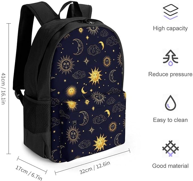 Supdreamc Men Women Lightweight Sun Moon Boho Astrology Backpack Large Capacity Bookbag With Smooth Zippers for Gym Business Running