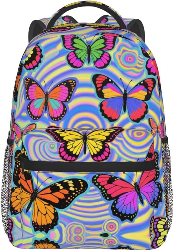 Rucksack Multipurpose Anti-Theft Big Capacity Shoulder Bag, Trippy Colorful Butterflies Art Travel Hiking Camping Rucksack With Side Pockets