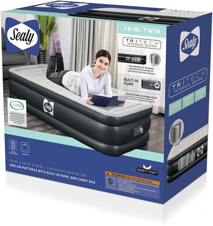 Sealy Tritech Twin Sized 18" Air Mattress Bed 2 Person w/Built-in AC Pump & Bag