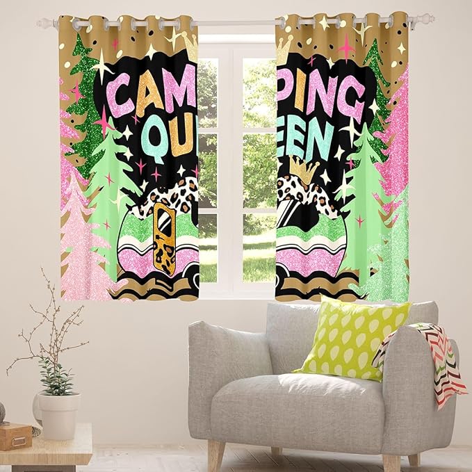 Cartoon Camper Kids Blackout Curtains,Crown Leopard Starry Princess Window Drapes,Rustic Pine Tree RV Trailer Boys Girls Room Decor,Pink Green 2 Panels,38Wx54L inch