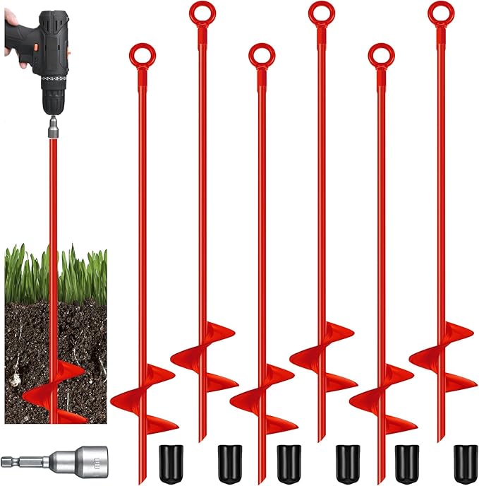 Chumia 6 Pcs 18 Inch Ground Anchor Spiral Blade Heavy Duty Earth Anchors Swing Set Metal Shed Kit for Garden Securing Trees Tents Trampoline Canopies Shelters (Red)