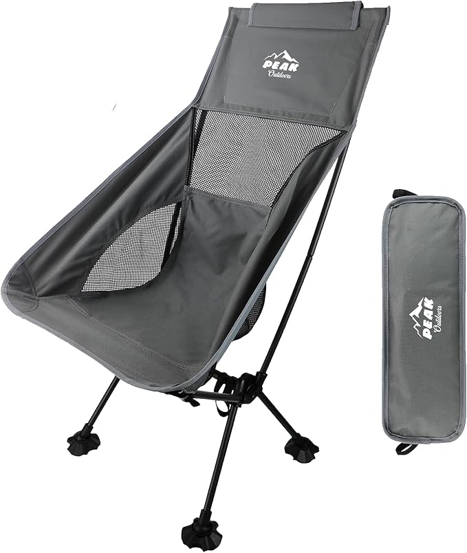 Peak Outdoors Backpacking Chair Lightweight Camping Chair – High Back Ultralight Folding Camp Chair with Storage Bag, Compact Portable Tall Hiking Chair and Beach Chair (Grey)