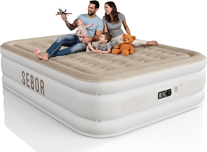 Sebor Air Mattress Queen with Built-in Pump 18", Comfortable Self-Inflating Air Mattress with High-Speed Pump, Durable Blow Up Mattress Queen with Storage Bag for Guests, Camping, Travel