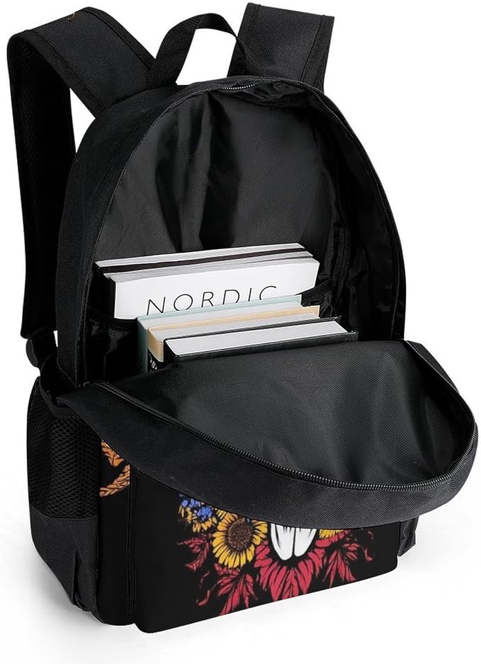 Shoulder Book Bags Anti-Theft Multipurpose Big Capacity Bookbag, Sunflower Goat Skull Art Travel Hiking Backpack With Smooth Zippers