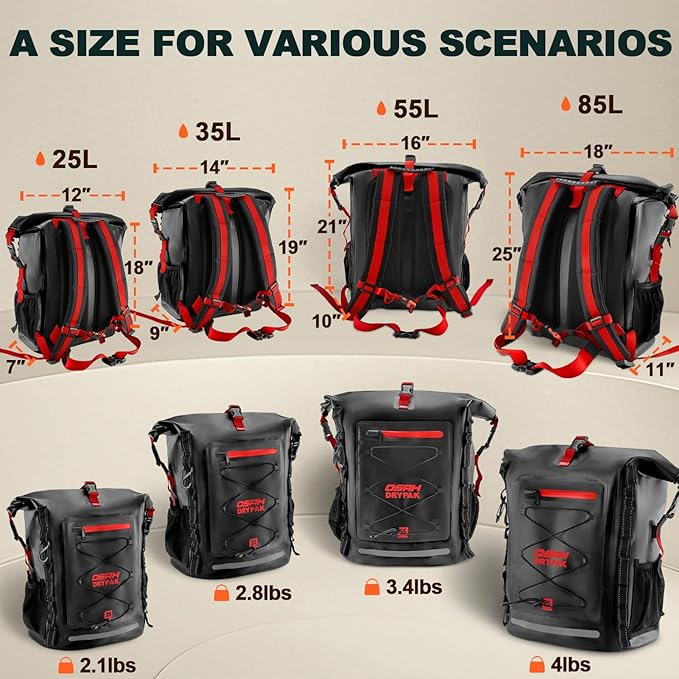 Waterproof Backpack Dry Bag 25L/35L/55L/85L – Heavy Duty Roll-Top Hiking Backpack Sack Keeps Gear Dry for Travel, Kayaking, Boating, Camping, Rafting and Fishing