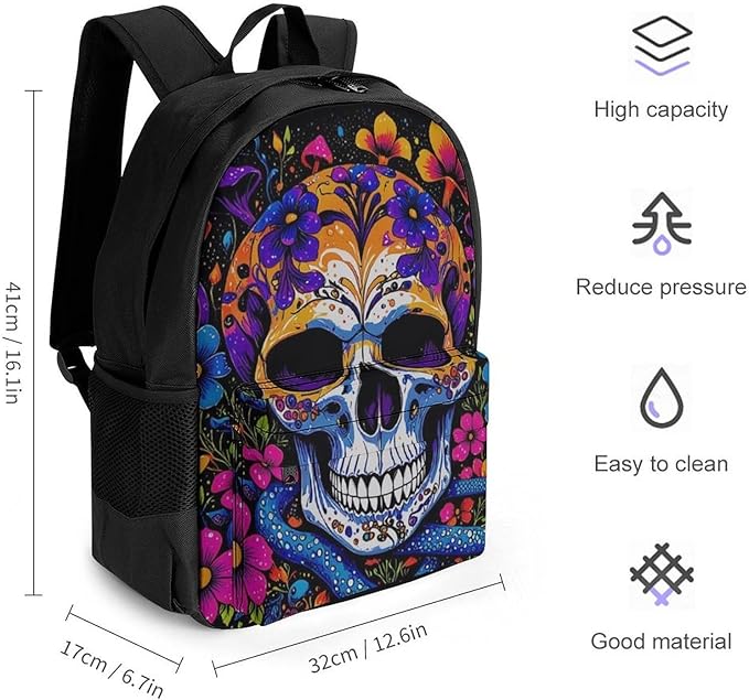 Lightweight Backpack for Gym Travel Bicycle, Big Capacity Multipurpose Anti-Theft Carry On Bag, Trippy Skull Head Mushroom Art Travel Hiking Bag Day Pack