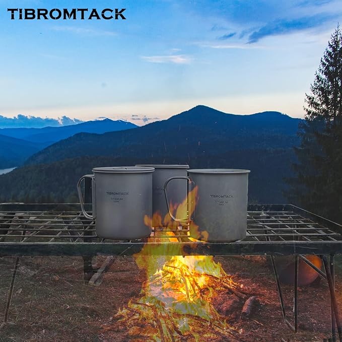 TIBROMTACK Camping Cup with Lid Pure Titanium Coffee Mug Ultralight 450ml Outdoor Small Camping Pot with Foldable Handle for Backpacking Hiking Travel and Daily Use with Mesh Bag