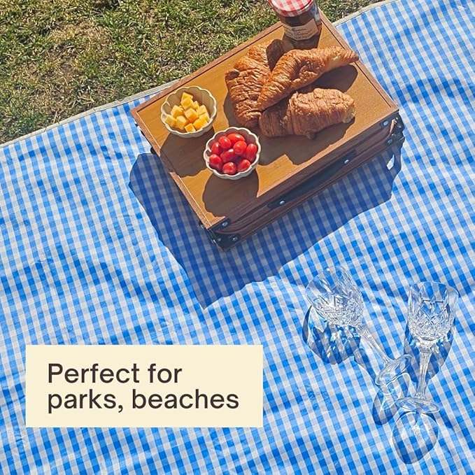 Cute Gingham Picnic Blanket, Waterproof Foldable, in Large 80x60in and Extra Large 80x80in, Portable Compact Beach Blanket, Oversized XL Outdoor Mat (Blue, X-Large)