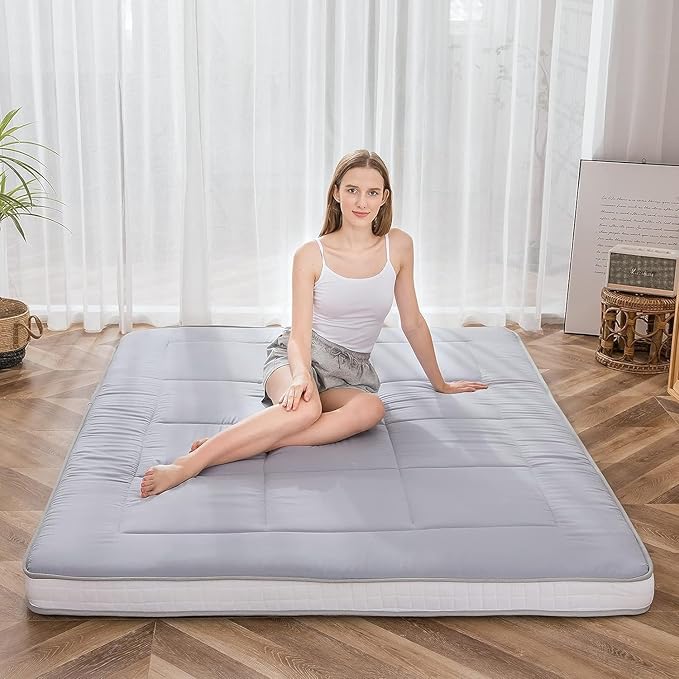 MAXYOYO Twin Bed Japanese Floor Futon Mattress, Camping Pad, Foldable and Portable Floor Bed Topper, Grey Single